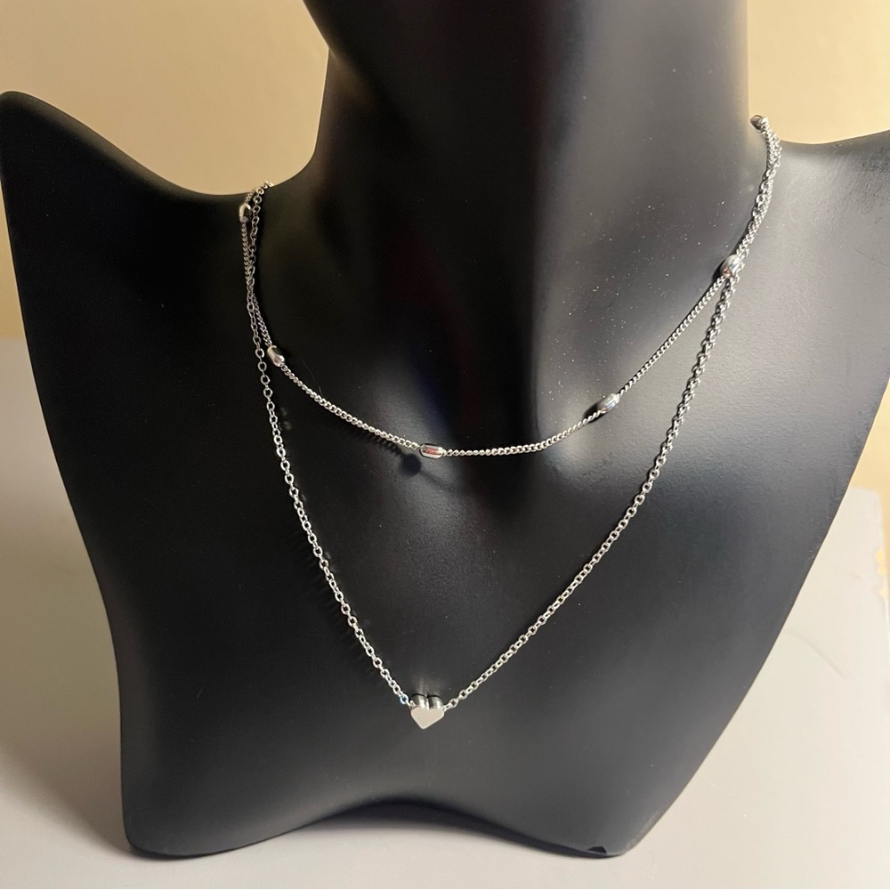 Elegant Silver Tone Heart Pendant Double Chain Necklace NIP